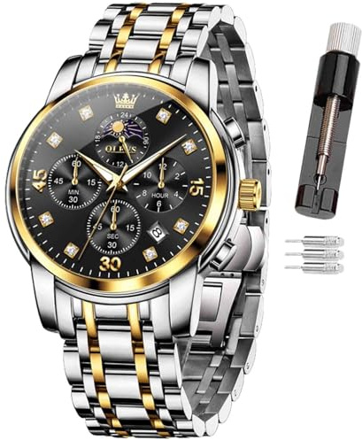 OLEVS Montre chronographe analogique à quartz pour homme en acier inoxydable avec aiguilles lumineuses, phase de lune de 24 heures, date automatique, étanche à 30 m, outil de réglage des maillons