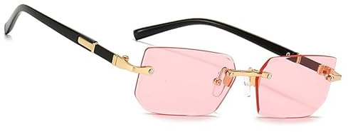 MEGAVOW Rectangle Lunettes de Soleil sans Cadre Carrées, Coupe Diamant Lentille, Style Rétro Vintage pour Plage, Voyage, Fête, Lunette à Monture Ultra-petite pour Femmes Hommes