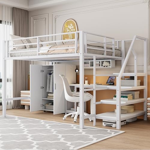 Generisch Hochbett 140x200cm mit Schreibtisch, Regalen, Kleiderschrank und Ablageleiter, Weiß, robust, ideal für Kinderzimmer, ohne Matratze, optimiert Platz und Stauraum.