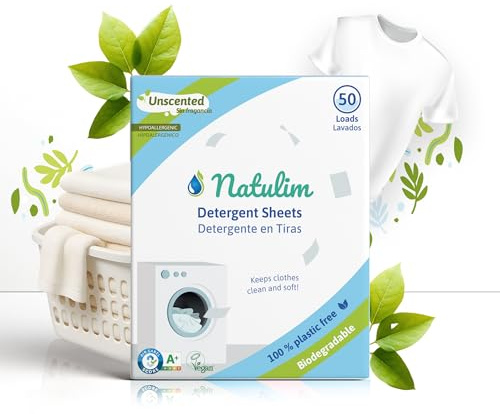 Natulim - Feuilles Lessive 50 Lavages - Sans produits chimiques - Convient aux peaux sensibles - Zéro Déchet et Sans Plastiques - Se dissout même à basse température - Sans Parfum
