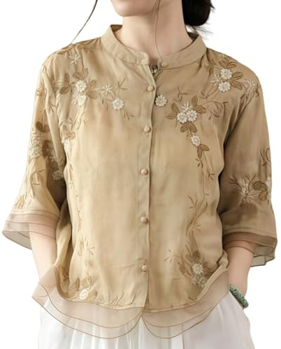 Chemisier Femme Style Chinois Brodé Coton Lin - Vintage Manches 3/4 Boutonné Chemise Inspirée Zen Tunique d'été Casual Hanfu Top pour le Quotidien Cérémonie du Thé