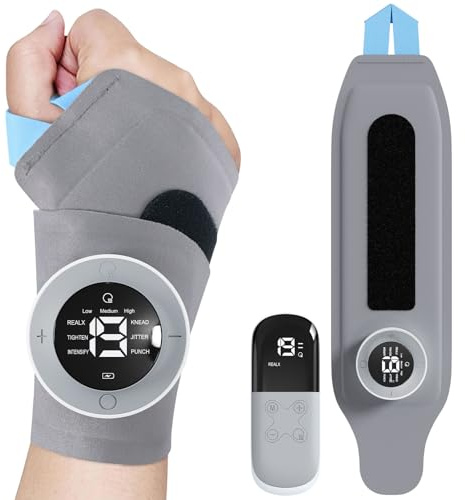 HSYFUNA Masajeador de Muñeca, EMS Masajeador Eléctrica de Muñeca con 6 Modos y 19 Niveles de Intensidad, 3 Niveles Termoterapia, para oficina, deportistas o personas con afecciones de muñeca