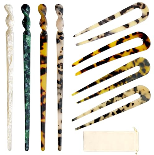 8 Piezas Palillos Para el Cabello de Acetato, 2 Estilos Horquillas para el Pelo Vintage, Horquilla Francesa Vintage y Bolsa de Almacenamiento Palillos de Acetato Accesorios pelo Mujer