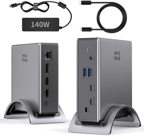 Minthouz Docking Station mit Netzteil,PD125W Laptop Docking Station für Lenovo HP Dell,8K@30Hz/4K@144Hz Dual HDMI+DP,LAN,USB-C 10G/USB-A 5G,Audio/Mic Dockingstation für Laptop/Tablet(Dual HDMI+DP)