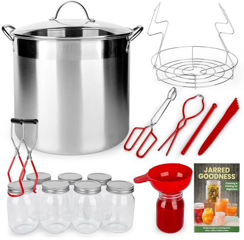 Stainless Steel 21.5-Quart Water Bath Canning Pot with Rack & Lid, All-in-One Home Canning Starter Kit with Mason Jars, Recipe Book, and 9-Piece Canning Tools Set for Beginners
