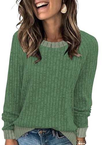 Cuptacc Jersey Mujer Invierno Casual Cuello Redondo Sudaderas Manga Larga Cálido Acanalado Suéter Suelta Comodidad Jersey Verde Claro M