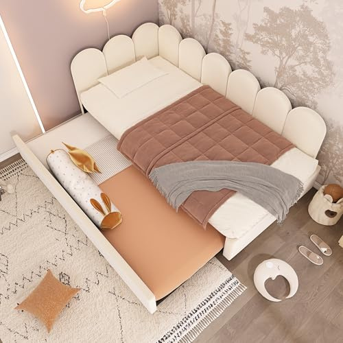 ZIDEY Polsterbett 90x200 Einzelbett mit Ausziehbett 90x190cm, Daybett Tagesbett Schlafsofa mit Lattenrost Jugendbett, Kinderbett,Beige, Samt, Ohne Matratze