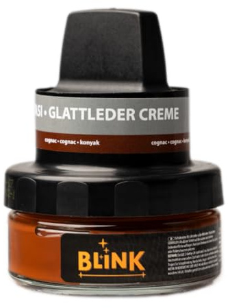 BLINK Schuhcreme Cognac 50 ml – Färbende Ledercreme mit Pigmenten & natürlichen Wachsen – Lederfarbe Creme für cognacfarbene Lederschuhe – Farbauffrischung, Pflege & erneuerte Optik