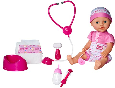 Simba 105032355 - New Born Baby mit Doktor Zubehör, Vollvinylpuppe mit Trink- und Nässfunktion und viel Zubehör, Stethoskop mit Soundfunktion, 38cm, ab 3 Jahren