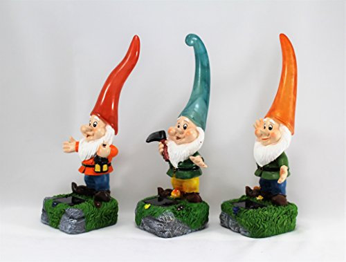 Solar Powered Garden Gnomes Set of 3 Blue, Red & Orange Hats By HOME HUT®