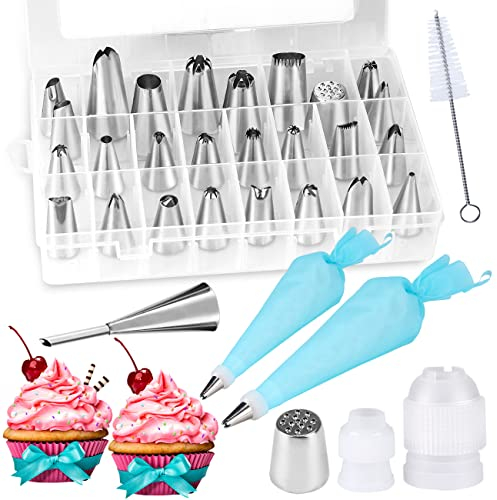 Spritztüllen Set, Gyvazla 25Pcs Edelstahl-Tüllen, Spritzbeutel-Set, Mit 2 Wiederverwendbaren Silikon Piping Bags, Kuchendekorations-Spitzen zum Dekorieren von Kuchen, Fondant, Gebäck, Cupcakes, Keksen