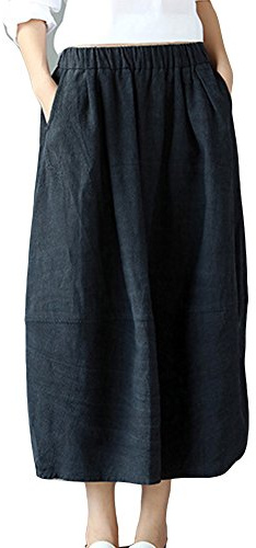 Dam boho vintage kjolar elastisk midja avslappnad lång klänning kjol lösa linnekjolar med fickor, Svart, one size