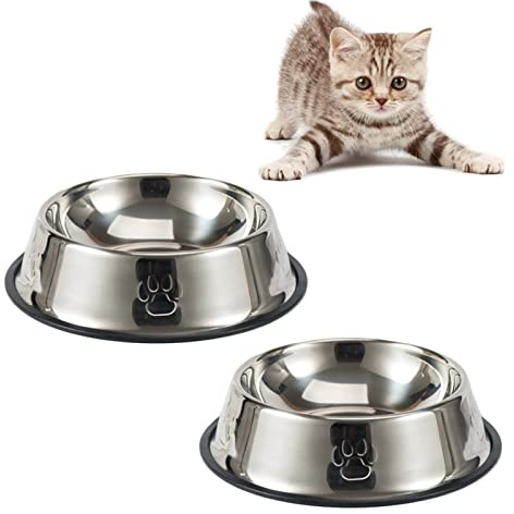 Cat Feeding Bowls, Non-Slip Stainless Steel Pet Set of 2, Metal Kitten Water & Food Dishes - Drop-Proof and Easy to Clean