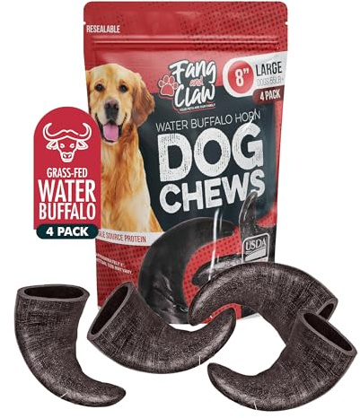 Water Buffalo Horn Dog Chew 4 Pack - Large 8 - All Natural Free Range Grass Fed Single Source Protein - No Chemicals, Additives, Hormones - Long Lasting, Good for Aggressive Chewers – by Fang & Claw