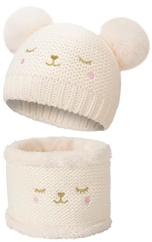 AYPOW Echarpe Bonnet Enfant Ensemble 2Pièces, Hiver Tricoté Tour de Cou Enfant Chaud PomPon Bonnet Casquette, Thermique Élastique Chapeau Cache Cou Doublure Épaisse pour Fille Garçon Bébé 1-2 ans
