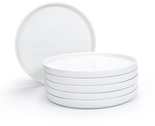 21,5 cm Essteller, Speiseteller, flache Keramikteller für Salat, Dessert und Vorspeise - Mikrowellen, Ofen und Spülmaschinenfest, Kratzfest und Bleifrei, Geschirrset mit Hohem Rand, 6er-Set, Weiß