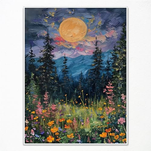 Anslipswar Vintage Full Moon Above The Wildflowers Canvas Wall Art, Mystical Midnight Woodland Art Print Poster, Retro Flowers and Trees Nature Oil Painting, Dark Forest Landscape 12x16in Unframed