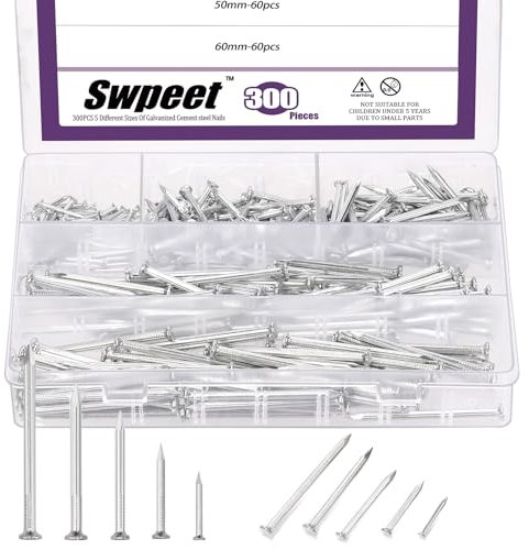 Swpeet Lot de 300 clous en acier galvanisé pour briques en béton, 5 tailles 3/4, 1-1/4, 1-3/5, 2, 2-3/8