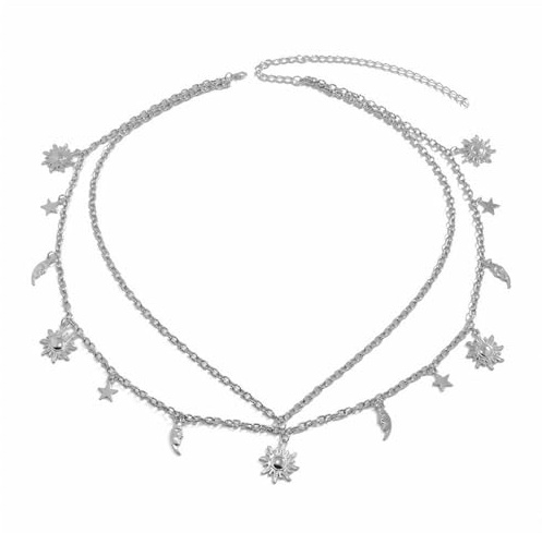 Sarini Dubbelskikt kvinnor metallkedjebälte metall kedjebälte måne stjärna justerbar midjekedja tunn bälteskedja lämplig för jeans lång skjortklänning (silver)