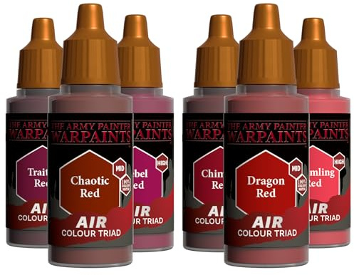 The Army Painter, Airbrush Primary Bundle Red, 2 tríadas rojas de 6 pinturas acrílicas de aerógrafo diluidas de 18 ml - Pintura para un cepillo de aire para miniaturas de D&D y Warhammer