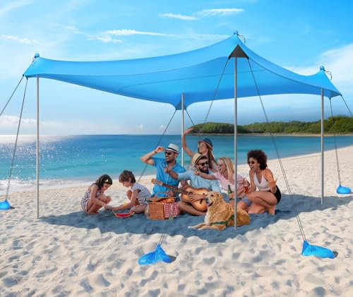 Rhino Valley Strandmuschel, Strandzelt Sonnenschutz UV 50+, Windschutz Strandzelt, Tragbar Sonnensegel Strand für Camping, Angeln, Picknick im Garten Strand, 10x10 FT, Himmelblau