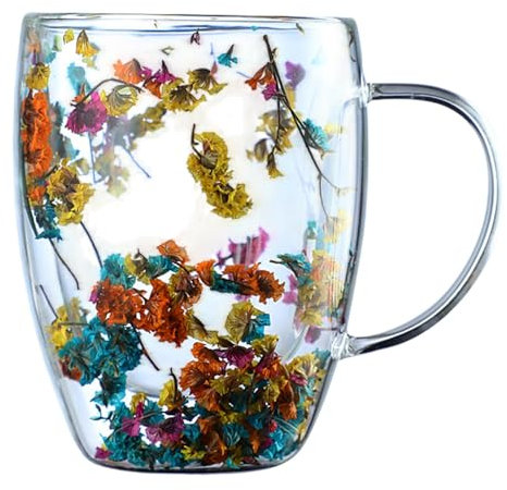 Kaxenig Tasse En Verre À Double Paroi De Fleurs Séchées, 350 ML Tasse À Café À Double Paroi, Tasses À Café En Verre Avec Poignée, Tasse À Café À Fleurs Isolées