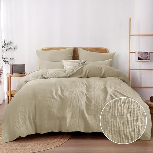 TOCOMOA Musselin Bettwäsche 135x200 Baumwolle 6teilig, Beige Leinenartiger 2 Bettwäsche-Sets mit 2 Kissenbezug 80x80 cm und 2 Kissenbezüge 40x80cm, Oeko-TEX Bettbezug mit Reißverschluss