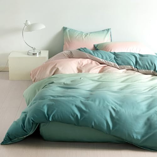 Soifox Double Duvet Set Microfiber Double Bedding Set with 2 Pillowcases, Breathable Non Iron Reversible Green Pink Duvet Double Cover Set with Zipper Closure, 3Pcs, 200x200cm
