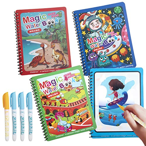 Jesustree 4Pcs Libro da Colorare ad Acqua, Magic Water Coloring Book con Penne, Libro da Colorare Acqua Doodle Riutilizzabile Educativo Giocattolo Regalo per Bambini 2-6 Anni