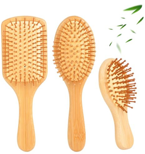 Juego de 3 Cepillos de Bambú Natural, Bambú de bosques sostenibles, Diseño Antiestático con 3 Formas (Cuadrado/Ovalado/Mini) - Para Cabello Seco/Ondulado/Sensible - Unisex