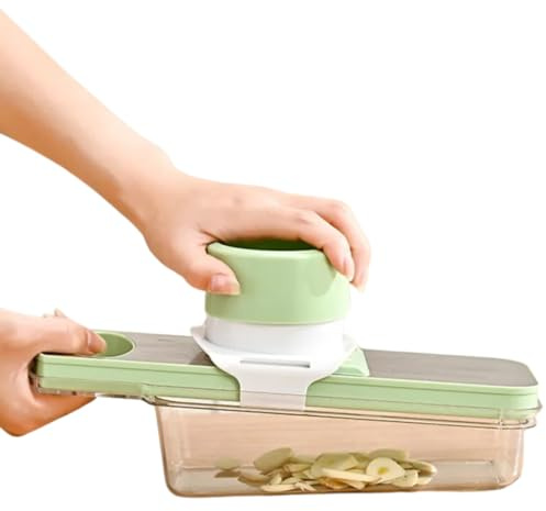 Mandolina multiuso compatta da cucina, affettaverdure, trituratore per cavoli, formaggio, con contenitore. Include un guanto resistente al taglio e pelapatate super affilato. Superficie in acciaio