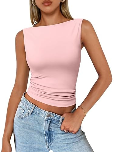 Sukiglam Damlinne Sommar Ärmlös Crop Toppar Sexig Slim Fit Y2k Tank Toppar Båtringad Tank Tank Top Kort Trend Blusar Elegant Avslappnad T-shirt Streetwear