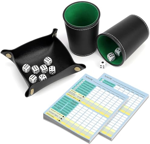SKJJM Ensemble de Jeu de dés Complet avec 2 Gobelets en Cuir, 10 dés, Bloc à Coudre, Jeu De Compétition Interactif pour Soirées Familiales, Voyages, Fêtes, Jeux EE Dés