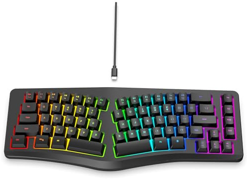 Cryfokt 69 Taste Ergonomisches Split -Layout Kabelgebeugtes Tastatur mit 18 Modi RGB Backlit USB C Abnehmbares Kabel, Spieltastatur für Computer, Spiele, Arbeit, Studium (Black)
