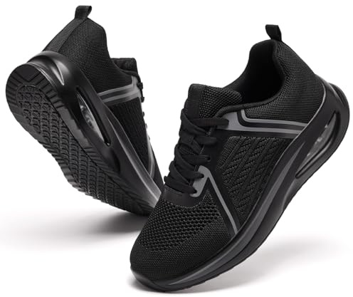 Women Trainers Black Running Shoes Ladies Air Cushion Lace Up Comfort Breathable Non Slip Gym Sneakers Arch Support Memory Foam Plantar Fasciitis Orthopedic Shoes All Black UK 6
