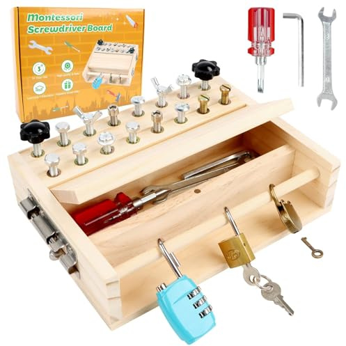 SINZONeu® Tavola Avvita Viti Montessori con Coperchio Magnetico & 3 Lucchetti, Tavola Sensoriale Legno con 7 Tipi di Viti & Utensili, Giocattolo Motricità Fine per Bambini 3 4 5 Anni
