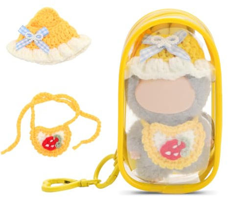 WALLFID Protective Case with Crochet Clothes for Mini Labubu, Handmade Hat & Bib, Clear Shell Carrier with 3-Piece Outfit Set for 10cm Dolls,Cute Doll Accessories (No Doll) (Lemon Yellow)