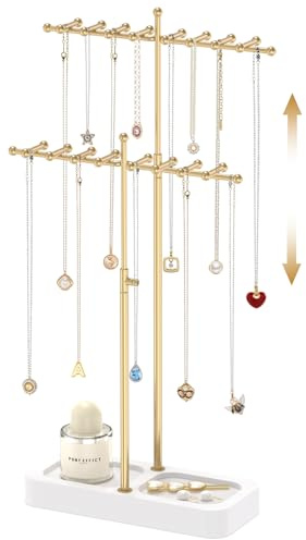 MODOWEY Necklace Holder Organizer Stand with Wood Tray, 36 Hooks Tall Display Tree for Women Men Vendors, Adjustable 2 Tier Metal Jewelry Rack, Large Capacity for Dresser Small Space, Gold+White