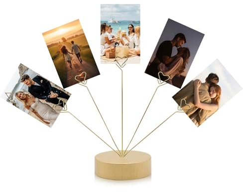 HINGTAI Heart-Shaped Photo Stand Contains Five Clips, Gold Tree Holder for Pictures Desk Photo Display Gift Tree Holder for Party, Round Base Suitable as a Gift for Holidays Weddings or Work