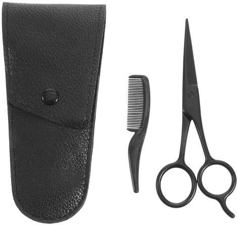 TOYZFRIENDY Set Forbici per Rifinire Baffi e Barba in Acciaio Inox 3 Pezzi Pettine e Custodia in Pelle PU Strumenti Professionali per Cura Barba Uomo Uso Salone e Casa