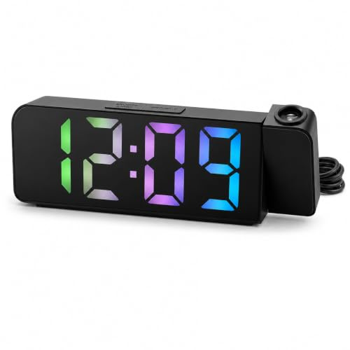 Rivvra Reloj Despertador Digital con proyección LED, Gran Pantalla, proyección de Hora en un Lado, luz LED de Color, Muestra Hora y Temperatura, Alarma para Dormitorio u Oficina