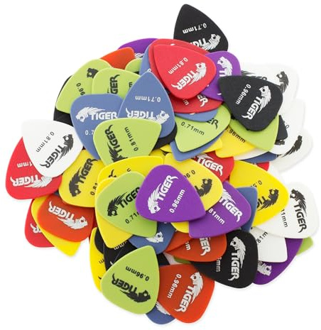 TIGER AP100A Lot de 100 médiators de guitare pour guitare acoustique/classique/électrique/basse Variété de calibres léger/moyen/lourd - 0,58 mm / 0,71 mm / 0,81 mm / 0,96 mm - Couleurs assorties