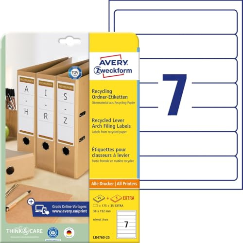 AVERY Specialform LR4760-25 Recycling mapperetiketter (med ultragrip, 210 bakre skyltar, smal/kort, 38 x 192 mm DIN A4, 30 ark självhäftande, tryckbar, iögonfallande mappetiketter) naturlig vit
