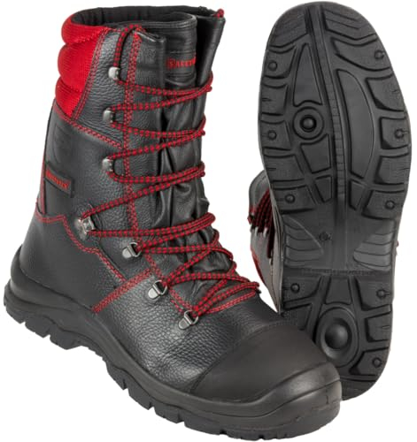 Safetytex Forst-Schnürstiefel - Forststiefel Sägeschutzklasse 1 - Kettensägen Schnittschutzstiefel - Waldarbeiterstiefel Schwarz/Rot - Leder Forst Schnürstiefel - Gr. 46