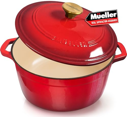 Mueller 6qt Enameled Cast Iron Dutch Oven, Heavy-Duty Casserole and Braiser Pan with Lid and Knob, Oven-Safe up to 500° F & Across All Cooktops, Red