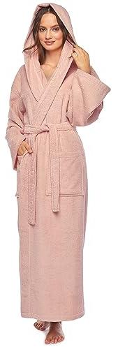 Arus Accappatoio da donna con cappuccio, lunghezza al polpaccio, 100% cotone spugna, Rosa antico, L-XL