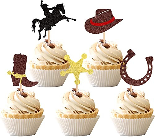 IOSPKKIO® 30 stycken cupcake-toppar, cowboy-tema med glittrande hästskohattar, stövlar, mönster för babypartyn/vänner, födelsedagsfest, tårtdekorationer, cool stil
