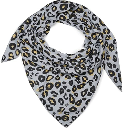 styleBREAKER Damen Musselin Dreieckstuch mit Leo Print | Baumwoll Schal im Leoparden Muster | Dreieck Schal leicht und weich für Frühling & Sommer | Made in Italy, Farbe:Hellgrau