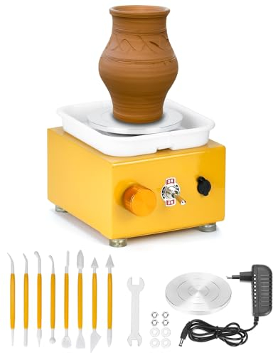 QWORK® Elektrisch Töpferscheibe mit Modellierwerkzeug Set für DIY & Handwerk, 10cm Töpfern Drehscheibe, Einstellbare Drehzahl bis 2000 U/min (Gelb), WD10996