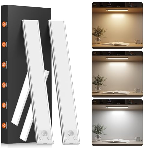 BokiHuk Luce Armadio LED con Sensore 2 Pezzi, 30cm 108 LED Dimmerabile Luce Sottopensile Cucina Led con 3 Colores, USB-C Ricaricabile Luces Notturna Lampada per Camere da Letto, Scale, Corridoio